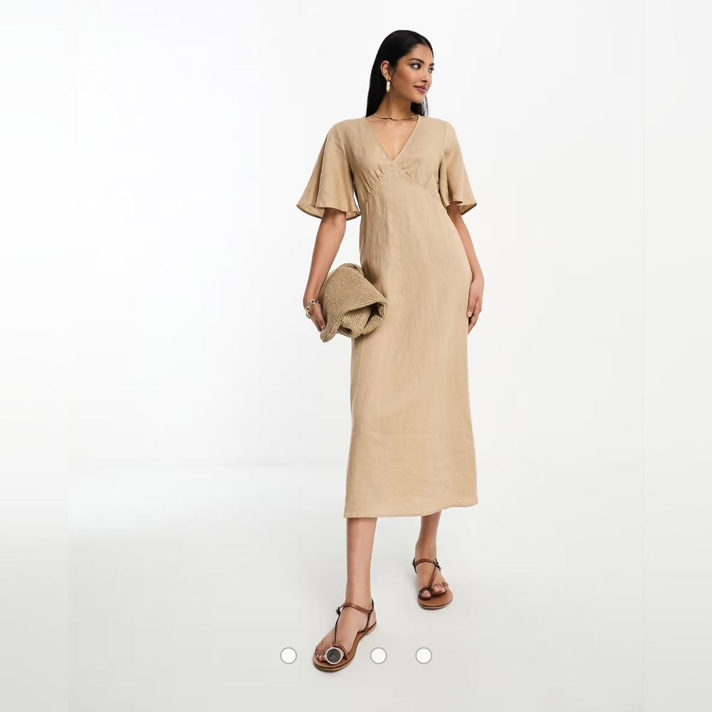 & Other Stories NWT Linen Flutter Sleeve Midi Dress Tan Size S
